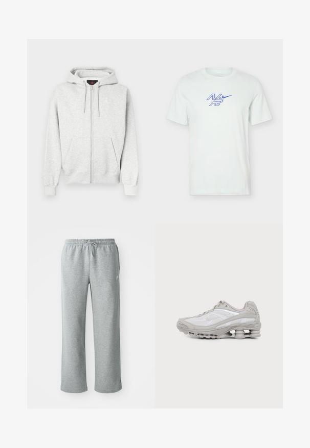 Grå lynlåse-hoodie lavet af blødt stof, med en front kangaroo-lomme og et broderet logo på brystet. Ribbe-ærmer og -kant.; Hvid Nike T-shirt med korte ærmer med blåt grafisk logo og teksten "Nike Racing" placeret i midten af brystet.; Grå bomulds sweatpants med elastisk talje, snorelukning og lige ben. Har et lille logo på den øverste venstre side.; Grå og hvid atletiksko med synlig luftpolstret sål og mesh-paneler, vist i profil på en ensartet lys baggrund.
