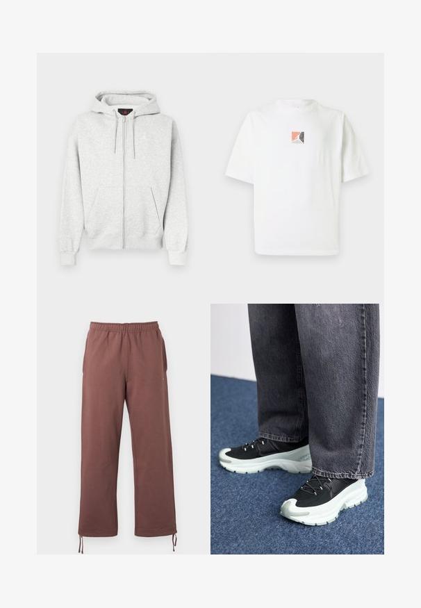 Sudadera gris con cremallera hecha de una tela suave, que presenta un bolsillo canguro frontal y un logo bordado en el pecho. Puños y dobladillo acanalados.; Camiseta blanca de algodón con mangas cortas que presenta un pequeño diseño gráfico cuadrado en coral, negro y gris en el centro.; Pantalones marrones con cintura elástica, fabricados con tela suave, que cuentan con bolsillos laterales y cordones ajustables en los puños para un ajuste personalizado.; Zapatillas deportivas negras con parte superior de tela texturizada, mediopie blanca, cordones negros y suela de goma, combinadas con jeans de pierna ancha grises.