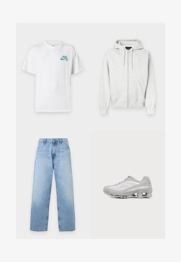 Sweat à capuche zippé gris en tissu doux, avec une poche kangourou à l'avant et un logo brodé sur la poitrine. Poignets et ourlet côtelés.; T-shirt en coton blanc avec un logo Nike SB bleu clair sur la poitrine côté gauche. Manches courtes et col rond classique.; Jean en denim bleu clair à jambes larges avec poches avant, passants pour ceinture, fermeture par bouton, et détails délavés.; Baskets de sport grises et blanches avec semelle à coussin d'air visible et panneaux en mesh, présentées de profil sur un fond clair uni.