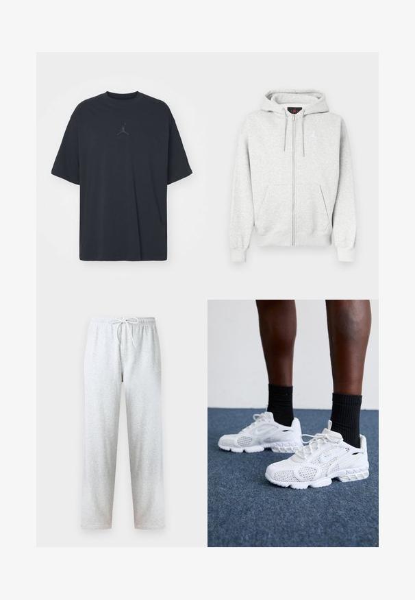 Sudadera gris con cremallera hecha de una tela suave, que presenta un bolsillo canguro frontal y un logo bordado en el pecho. Puños y dobladillo acanalados.; Camiseta de algodón negra con un corte holgado, cuello redondo, mangas cortas, que presenta un logo sutil y el texto "AIR" encima del logo en el centro.; Pantalones deportivos grises hechos de tela suave, con una cintura elástica con cordón y piernas rectas. No se observan patrones ni detalles.; Zapatillas deportivas blancas con parte superior de malla, acentos texturizados y suela acolchada. Combinadas con calcetines cortos de canalé negros sobre una superficie de moqueta azul.