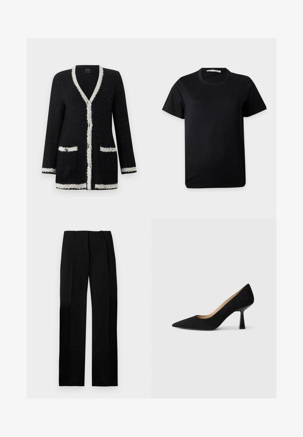 Cardigan noir texturé avec bordure blanche le long du col en V, fermeture par boutons, poches, poignets et ourlet.; T-shirt noir uni à manches courtes et col rond, posé à plat sur un fond blanc avec une étiquette de marque visible à l'intérieur du col.; Pantalon noir sur mesure avec une texture lisse, coupe droite et plis à l'avant. Comprend une ceinture plate sans quincaillerie visible.; Pompe à talons hauts en suède noir avec un bout pointu, dotée d'un talon bloc noir brillant et d'une doublure intérieure lisse.