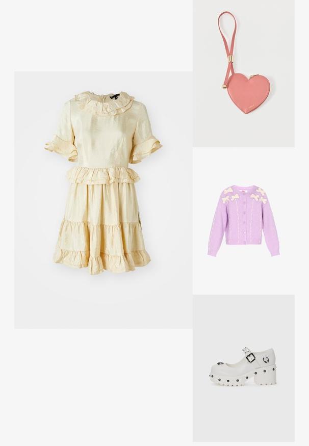 Lilla cardigan med cremefarvede sløjfeapplikationer. Strikket stof, rund halsudskæring, knaplukning og struktureret detaljer langs ærmer og forside.; Gul satindragt med rynket halsudskæring og korte ærmer. Har en lagdelt nederdel og bølgende detaljer. Glat, blank tekstur.; Hvide platform sko med en rund tå, spænde og cirkulære nitter. Tekstureret sål med en let hæl og dekorativ hardware detalje.; Lyserød hjerteformet lædermøntpose med håndledsrem og guldlås, mærket med lille gyldent "Furla"-tekst.