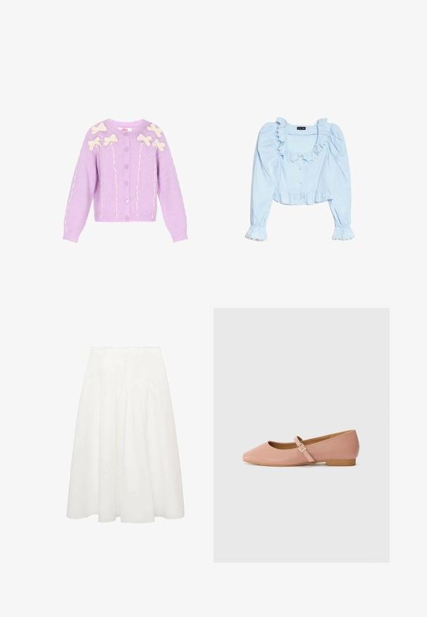 Cardigan lilas avec des applications en forme de nœud crème. Tissu tricoté, décolleté rond, fermeture à boutons et détails texturés le long des manches et à l'avant.; Blouse bleu clair à manches bouffantes en tissu lisse, avec un col à volants, une fermeture à boutons et des poignets évasés ornés de dentelle.; Jupe midi blanche en tissu léger, dotée d'une taille ajustée et de douces plis pour donner du volume. Texture lisse et fluide sans motifs.; Chaussure en cuir synthétique rose clair avec un bout pointu, un talon bas et une sangle avec une boucle dorée. Texture lisse avec un design minimaliste.