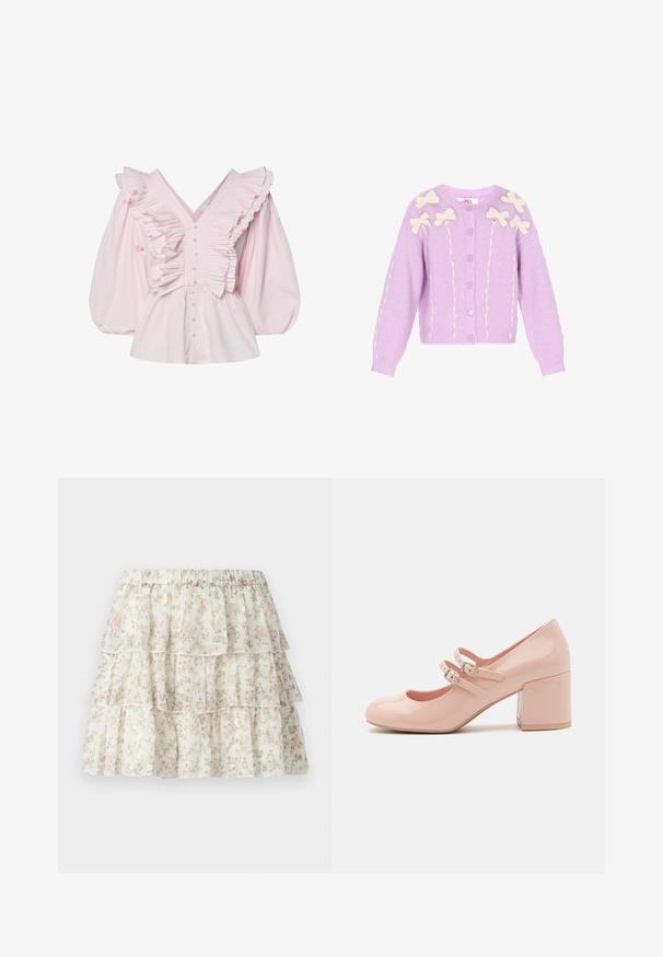 Lilla cardigan med cremefarvede sløjfeapplikationer. Strikket stof, rund halsudskæring, knaplukning og struktureret detaljer langs ærmer og forside.; Pink bomuldsbluse med en dyb V-udskæring, rynkede detaljer langs kroppen og voluminøse puffede ærmer med knaplukning.; Hvid nederdel med et lagdelt, bølget design. Udstyret med et delikat blomster mønster i pink og grøn. Elastisk talje for komfort.; Lyserøde patentlæder højhælede sko med rund tå, to justerbare spænder og en kraftig, gennemsigtig blokhæl.