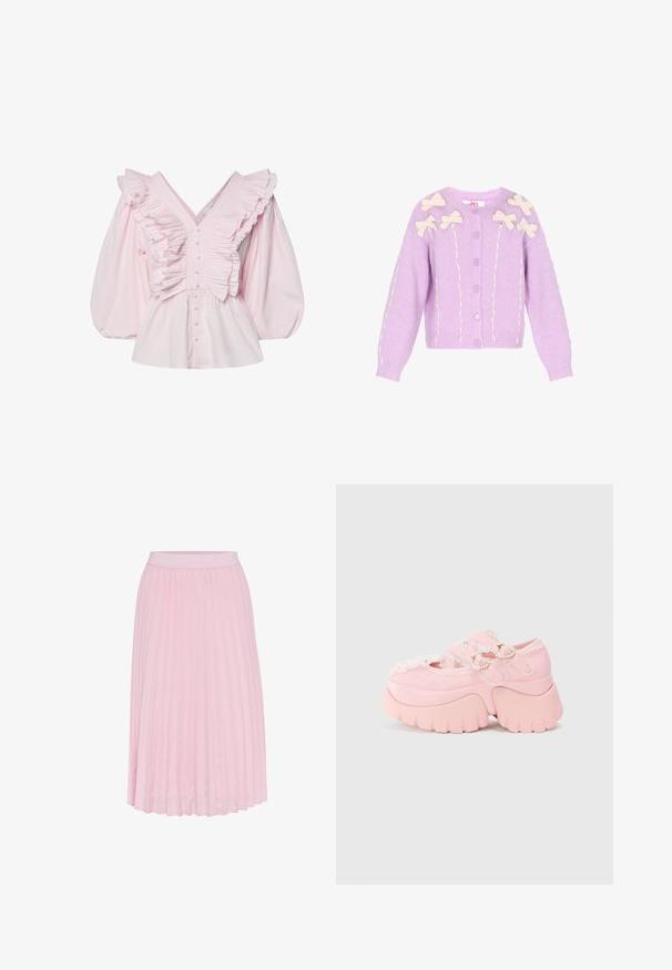Lila cardigan met crèmekleurige strikapplicaties. Gebreide stof, ronde halslijn, knoopsluiting en textuurdetails langs de mouwen en voorkant.; Roze katoenen blouse met een diepe V-hals, gerimpelde details langs het lijfje en volumineuze pofmouwen met knoopsluiting.; Plisség midi-jurk in lichtroze, met een brede elastische tailleband en een gladde textuur. De plooien lopen van de taille tot de zoom.; Chunky platform roze schoen met dubbele hartvormige gespen, kantafwerking en stevige sculpted zool tegen een plain witte achtergrond.