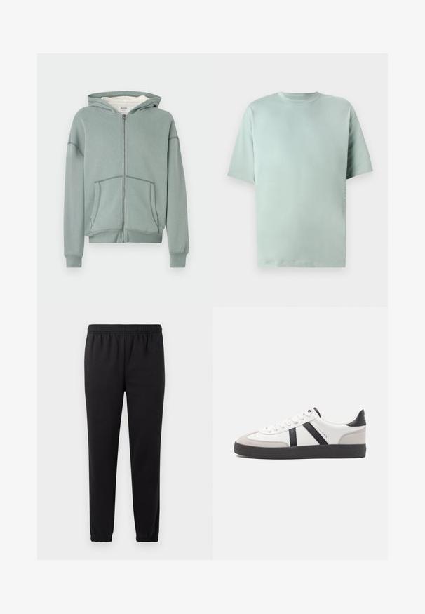 Sudadera con cremallera de color verde claro, con bolsillos frontales, puños acanalados y capucha adjunta forrada de tela blanca.; Camiseta de algodón verde claro con cuello redondo, mangas cortas y un ajuste relajado. Presenta un sutil detalle impreso en el lateral.; Pantalones de chándal negros con cintura elástica, piernas ajustadas y tejido texturizado. Presenta un sutil detalle del logo en el lado izquierdo.; Zapatilla blanca con acentos en negro y gris, que presenta una puntera texturizada en gris, suela de goma negra y cordones planos blancos. Diseño limpio, estilo minimalista.