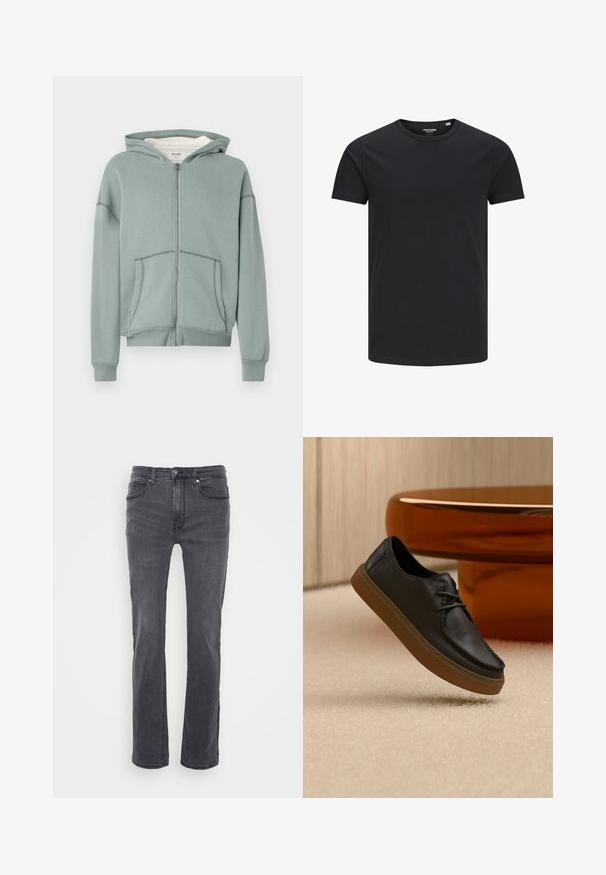 Lysegrøn lynlåsbluse med forlommer, ribbede manchetter og en fast hætte foret med hvidt stof.; Sort bomulds T-shirt med rund hals, korte ærmer og et enkelt design. Glat tekstur, ingen mønstre eller synligt tilbehør.; Grå denimjeans med lige bendesign, der har forlommer og en klassisk knaplukning. Glat tekstur med subtile blegninger.; Sort læder casual sko med brun sål svæver over beige tæppe, med et blankt brunt rundt bord i baggrunden.