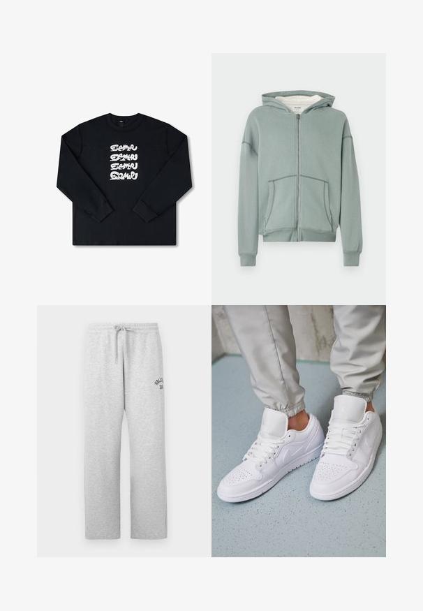 Lysegrøn lynlåsbluse med forlommer, ribbede manchetter og en fast hætte foret med hvidt stof.; Sort sweatshirt med lange ærmer, der har et hvidt gentaget grafisk logo i stiliseret skrifttype på forsiden. Fremstillet af blødt stof.; Lys grå sweatpants med elastisk talje, snor, sidelommer og lille "Hollister Surf" logo på den øverste venstre lår.; Hvide lædersneakers har en perforeret tåboks, flade snørebånd, polstret krave og Jordan-logoet på tungen. Båret med grå joggers.