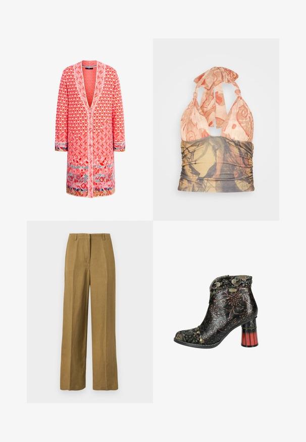 Rød mønstret cardigan med V-hals, lange ærmer og knaplukning. Har struktureret stof og multicolore accenter ved ærmerne og kanten.; Jaded London KNOTTED BEACH CONTRAST - Top - multi coloured; Khakibukser med lige ben, bæltestropper og frontlynlås, vist på en ensfarvet hvid baggrund.; Sort læder ankelstøvle med blomstermønster, tåudskæring, dekorative nitter og en rød træblokhæl. Har et dekorativt mønstret overdæk.