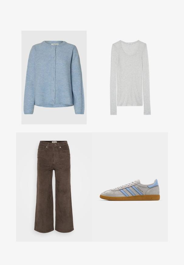 Hellblauer Cardigan, Rundhalsausschnitt, lange Ärmel, Knopfleiste vorne, weiche Textur und leicht lockere Passform.; Langärmliges, hellgraues T-Shirt aus weichem Stoff mit U-Boot-Ausschnitt und schmaler Passform. Hat eine minimale Textur und keine Muster.; Braune Corduroy-Hosen mit weitem Bein und gerippter Textur, fünf Taschen und vorderem Knopfverschluss. Mit einem Etikett am Bund.; Grau Wildleder Sneaker mit hellblauen Streifen, gummiertem Sohlenmaterial und Logo-Akzenten. Niedriges Design mit runder Zehenform und Schnürverschluss.