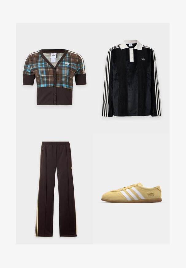 Brun ternet cropped cardigan med korte ærmer, med blå og beige accenter, V-hals og knaplukning foran. Hvid logodetalje.; Sort fløjl langærmet polo shirt med en hvid ribbestrikket krave, tre knapper, struktureret front og tre hvide striber på hver ærme.; Sorte træningsbukser med gule sidelister, elastisk taljebånd, lynlåslommer i siderne og en lille logo på den øvre lår.; adidas Originals GAZELLE LO PRO W - Sneakers - almost yellow/footwear white
