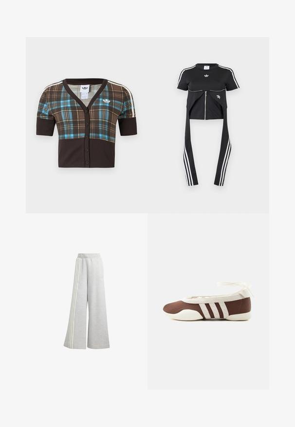 Bruin geruit cropped vest met korte mouwen, met blauwe en beige accenten, V-hals en knoopsluiting aan de voorkant. Wit logodetail.; Zwart kort mouwtopje met witte Adidas-strepen op de mouwen, ritssluiting aan de voorkant en langere stofpanelen die naar beneden hangen met drie witte strepen.; Lichtgrijze wijdvallende sweatpants van zachte stof, met aan elke kant drie witte strepen en een elastische tailleband.; Bruine en witte ballerinaschoenen met drie witte strepen en een strik om de enkel op een effen lichte achtergrond.