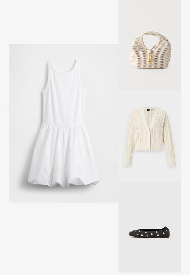Cardigan en tricot couleur crème avec col en V, boutonnière à l'avant, manches longues, poignets et ourlet côtelés, présentant un motif de dentelle sur tout le vêtement.; Robe débardeur blanche avec un haut ajusté et une jupe évasée et plissée. Fabriquée en coton doux, avec une texture côtelée.; Chaussure ballerine noire à bride élastique à l'arrière, ornée de gros clous ronds argentés dispersés sur le dessus, vue de profil sur fond blanc.; Sac à main tressé de couleur crème, forme arrondie, poignée courte et fermoir décoratif doré suspendu au centre devant.