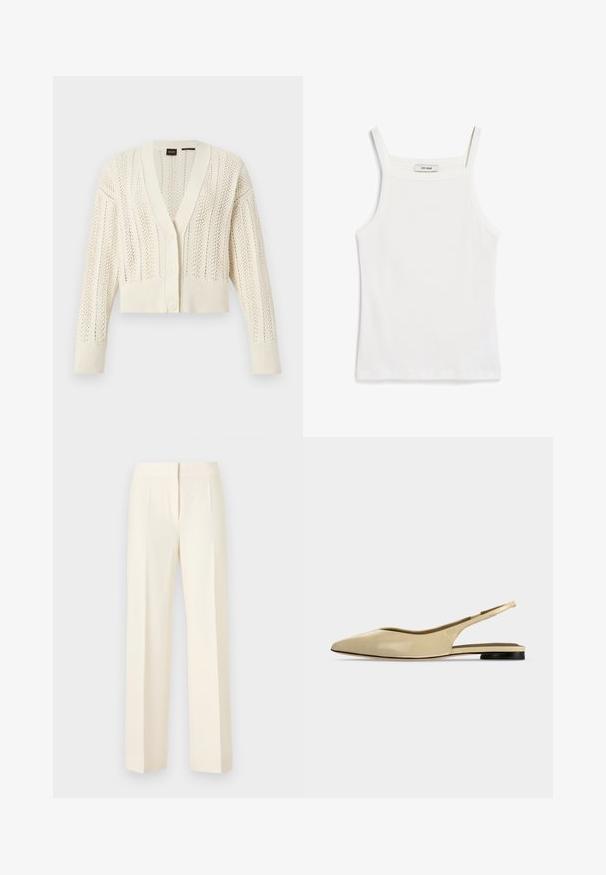 Cardigan en tricot couleur crème avec col en V, boutonnière à l'avant, manches longues, poignets et ourlet côtelés, présentant un motif de dentelle sur tout le vêtement.; Débardeur blanc à fines bretelles, en tissu de coton côtelé, avec un décolleté droit et une finition soignée à l'ourlet.; Pantalon droit sur mesure couleur blanc cassé avec pli avant, ceinture et fermeture avant dissimulée sur un fond uni.; Chaussure plate beige à bout pointu avec bride arrière, petit talon noir et finition en cuir lisse, vue de côté sur un fond uni.