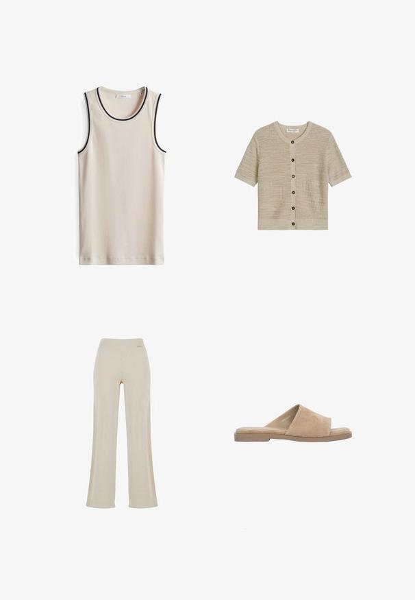 Beige gebreid vest met korte mouwen, zes donkere knopen aan de voorkant en een ronde hals, gemaakt door Marc O’Polo.; Beige geribbelde tanktop met marineblauwe gestreepte afwerking bij de halslijn en armsgaten. Heeft een strak ontwerp en een zachte textuur.; Beige wijde broek met een gladde ribbelstructuur, elastische tailleband en geen zichtbare versieringen, die een ontspannen silhouet biedt.; Beige suède open-toe platte slipper met brede band en gevoerde binnenzool, afgebeeld op een witte achtergrond.