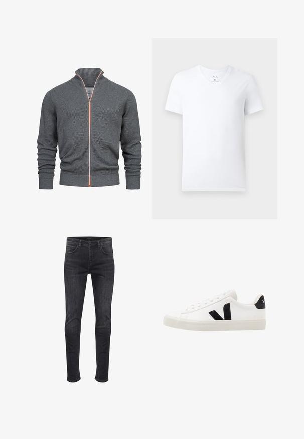 Grauer Zip-Pullover mit strukturiertem Muster, gerippten Bündchen und einem orangefarbenen Akzent entlang des Reißverschlusses. Hoher Kragen. Weicher Stoff.; Weißes Baumwoll-T-Shirt mit kurzen Ärmeln und V-Ausschnitt, mit Armani Exchange Etikett im Kragen, auf einem schlichten Hintergrund präsentiert.; Hoch sitzende Skinny-Jeans aus dunkelgrauem Denim, mit seitlichen und hinteren Taschen, einem vorderen Knopfverschluss und dezenten Ausbleichdetails.; Weiße Leder-Sneaker mit schwarzen Wildlederelementen; verfügen über eine Gummisohle, eine runde Spitze und ein klassisches Schnürdesign. Seitliches Logo in Schwarz.