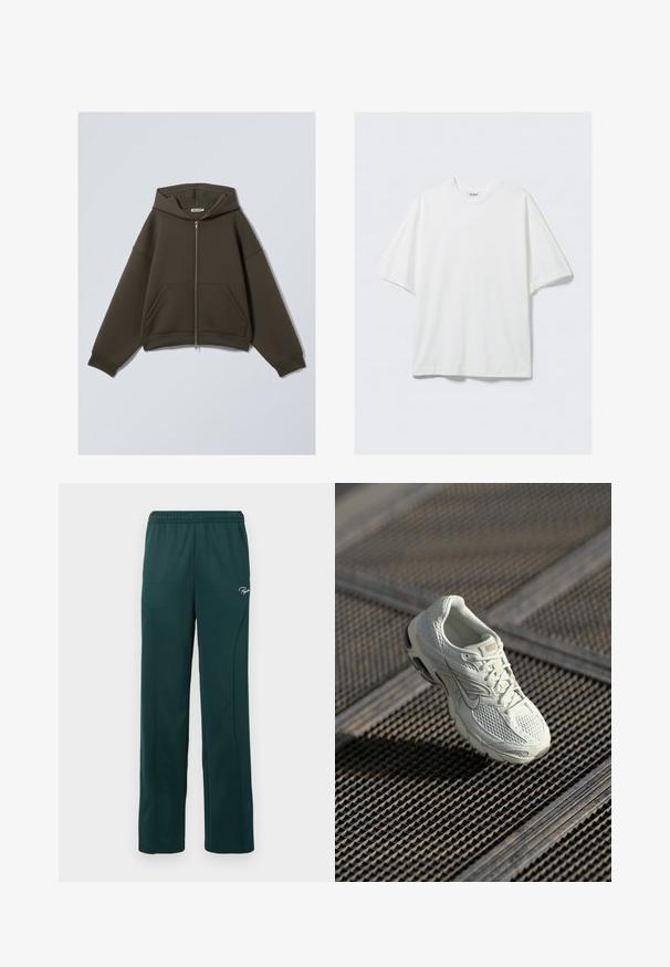 Sudadera con cremallera de color verde oscuro, con capucha, dos bolsillos frontales y mangas anchas. Fabricada en un tejido suave y texturizado con un ajuste relajado.; Camiseta blanca de algodón de manga corta y corte oversize con cuello redondo y una pequeña etiqueta de la marca en el interior del cuello.; Pantalones de chándal verde oscuro hechos de una tela suave, con una cintura elástica y costuras laterales, y un pequeño logo en la parte delantera.; Zapatilla de running blanca de Nike con parte superior de malla y sintético, descansando sobre un suelo de rejilla metálica con luz natural suave.