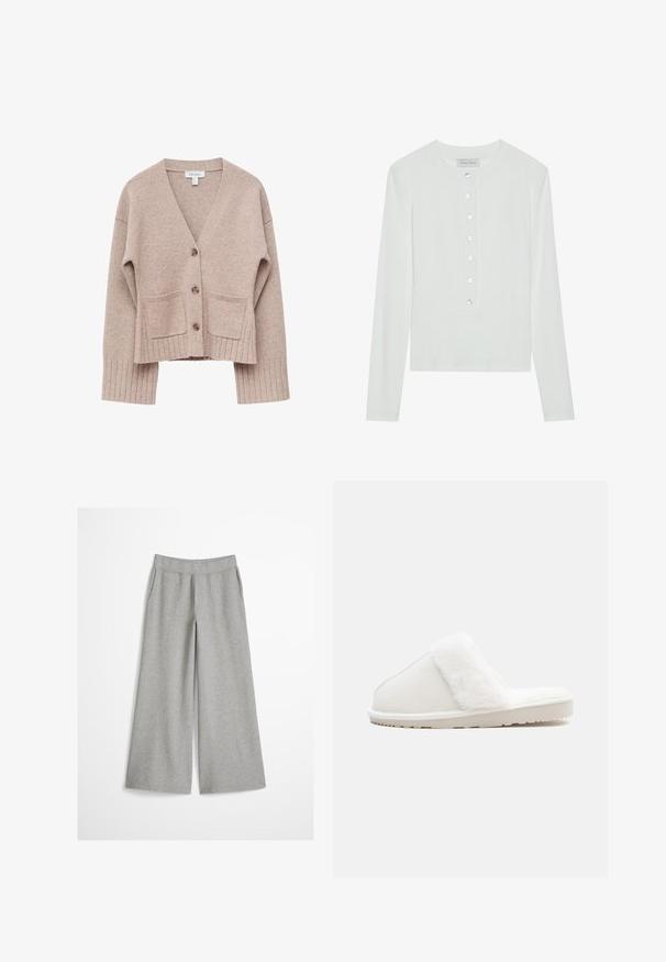 Beige gestrickte, kurz geschnittene Strickjacke mit V-Ausschnitt, drei braunen Knöpfen, zwei Vorderseitentaschen sowie gerippten Bündchen und Saum.; Weißes Langarmoberteil aus geripptem Stoff, mit einem runden Ausschnitt und einer Knopfleiste mit sechs transparenten Knöpfen.; Hellgraue weite Hosen mit elastischem Bund, aus weichem Strickstoff, dargestellt vor einem schlichten weißen Hintergrund.; Weißer Hausschuh mit einem weichen Kunstfellband, Filzoberteil, gepolsterter Sohle und einer strukturierten Gummisohle für rutschfesten Halt. Einfaches, rundes Design.