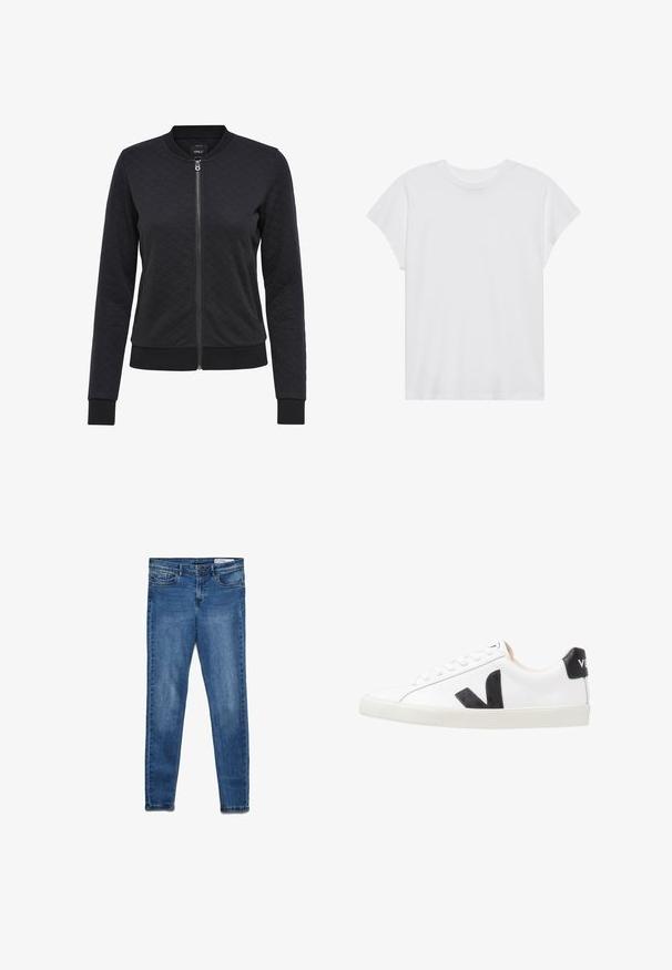 Čierna prešívaná bomber bunda s predným zipsom, rebrovanými manžetami a lemom. Obsahuje diamantom vzor na látke. Jednoduchý, elegantný dizajn.; Biela krátka rukávová tričko s okrúhlym výstrihom, voľný strih, vyrobené z jemnej bavlnenej látky. Hladká textúra, bez vzorov alebo log.; Tmavomodré džínsové nohavice s klasickým úzkym strihom. Majú päť vreciek, zips na zapínanie a jemné vyblednutie pre textúru.; Biele tenisky s čiernym logom V, vyrobené z hladkej koženej vrchnej časti, s okrúhlou špičkou, šnurovaním a kontrastným čiernym pätovým tabom.