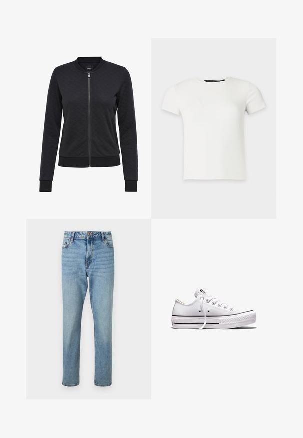 Chaqueta bomber negra acolchada con cremallera frontal, puños y dobladillo de canalé. Presenta un patrón de diamantes en la tela. Diseño simple y aerodinámico.; Camiseta blanca de punto acanalado con mangas cortas y cuello redondo, presentada sobre un fondo liso gris claro.; Vaqueros azul claro de tiro alto y pierna recta con cierre frontal de botón y cremallera, bolsillos delanteros y sutiles detalles descoloridos.; Zapatilla blanca de lona de corte bajo con cordones blancos, suela de goma, detalles de rayas negras y parche de logo en la lengüeta y el talón.