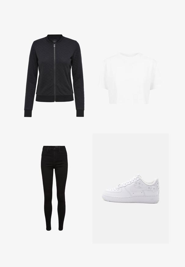 Čierna prešívaná bomber bunda s predným zipsom, rebrovanými manžetami a lemom. Obsahuje diamantom vzor na látke. Jednoduchý, elegantný dizajn.; Biele skrátené tričko, krátke rukávy, okrúhly výstrih, vyrobené z hladkej tkaniny, bez viditeľných vzorov alebo výrazného hardvéru.; Čierne denimové skinny džínsy s vysokým pásom, dizajnom s piatimi vreckami, pútkami na opasok a jemnými švami. Hladká textúra, tesne priliehajúci strih.; Biely nízky teniska s perforovanou špičkou, logom Nike a dekoratívnymi bielymi kvetinovými prvkami na päte a boku.