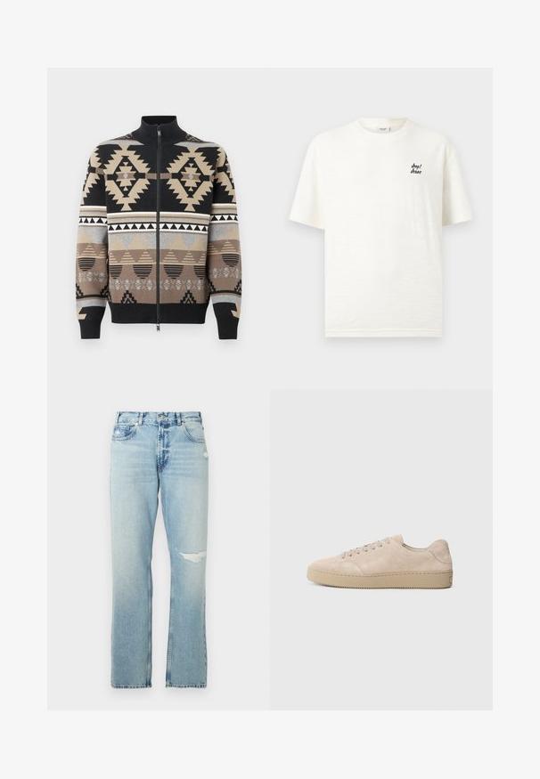 Reißverschluss-Cardigan mit einem komplizierten geometrischen Strickmuster in Schwarz, Beige, Grau und Braun, versehen mit einem Stehkragen und gerippten Bündchen.; Weißes T-Shirt mit kurzen Ärmeln und rundem Ausschnitt, mit kleinem schwarzen "Joop! Jeans"-Logo auf der linken oberen Brust.; Hellblaue Jeans im Straight-Leg-Design mit leichten Used-Effekten und hohem Bund. Mit fünf Taschen und Metalldetails.; Beige Wildlederschuh mit einer runden Zehenform, flachen Schnürsenkeln und einer strukturierten Gummisohle. Minimalistisches Design mit glatten Kanten und dezenten Nähten.