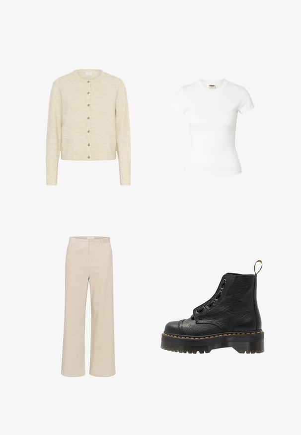 Lys beige cardigan lavet af blødt strikket stof. Har en rund halsudskæring, lange ærmer og seks sølvknapper ned langs fronten.; Tæt siddende hvid t-shirt med korte ærmer og rund hals med Urban Classics mærke inde i halsudskæringen.; Beige buks med brede ben i velour, der har en subtil ribbet tekstur, bæltestropper, frontlynlås og to sidelommer.; Sorte læder ankelstøvler med tekstureret overflade, rund tå, snørebåndsdesign, gule stikninger og en tyk, rillet sort platformsål.