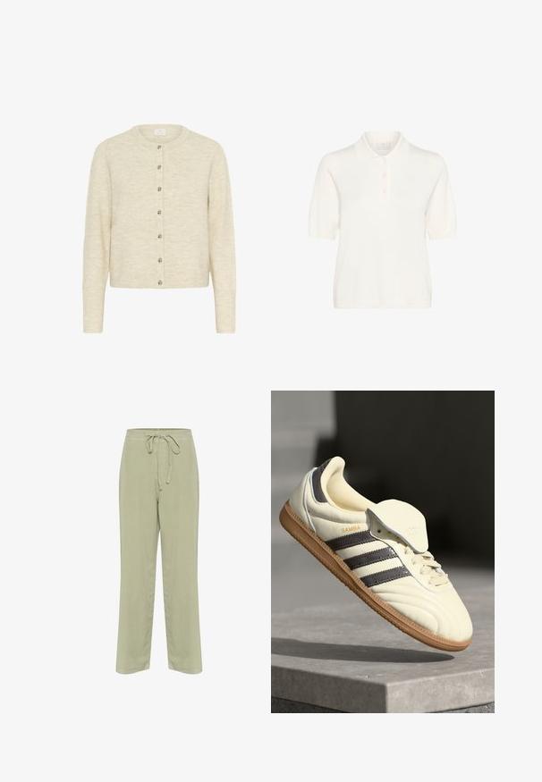 Lys beige cardigan lavet af blødt strikket stof. Har en rund halsudskæring, lange ærmer og seks sølvknapper ned langs fronten.; Hvid kortærmet polo skjorte med klassisk krave, tre frontknapper og en blød strik tekstur. Har et diskret mærke indvendigt.; Lys grønne linnedbukser med elastisk talje, bred ben-design og sidelommer. Blød tekstur og enkle konstruktionsdetaljer.; Cremefarvede lædersneakers med tre mørke striber, en brun gummisål og en afrundet tå. Har en foldbar tunge mærket "SAMBA."