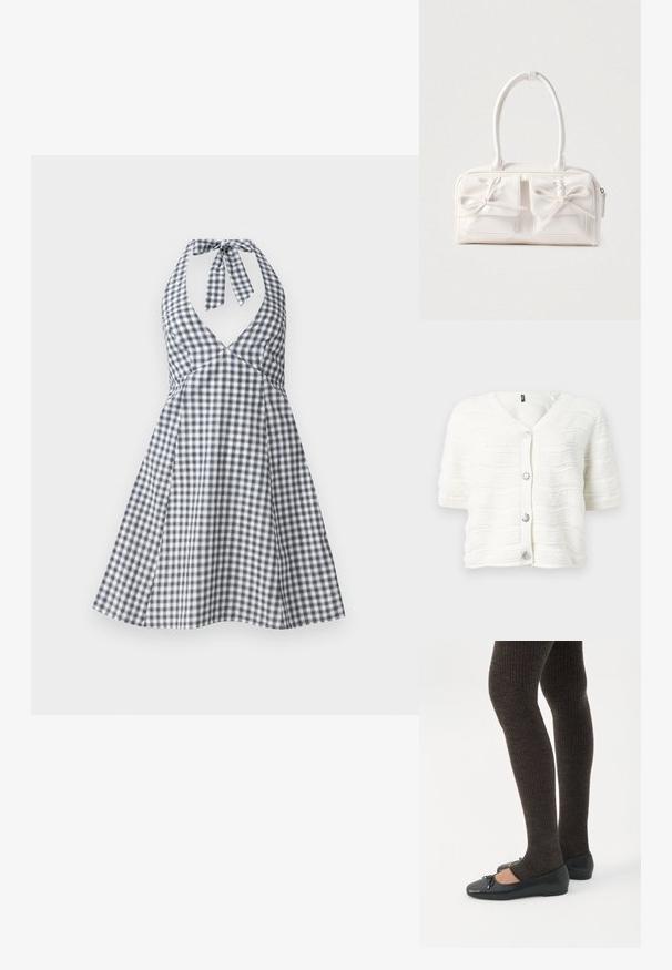 Cárdigan de punto blanco de manga corta con escote en V, patrón de ondas texturizadas, bordes acanalados y cuatro botones decorativos plateados en forma de flor.; Vestido halter de cuadros en navy y blanco con escote en V profundo y lazo en la espalda. Diseño de falda acampanada con un corsé ajustado y detalles de pinzas.; Piernas con leggings oscuros acanalados combinados con bailarinas negras que presentan pequeños detalles de lazo sobre un fondo blanco.; Bolso sintético blanco con dos bolsillos delanteros, cada uno con un detalle de lazo atado. Textura suave, asas redondeadas y cierre de cremallera.