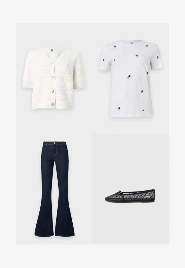 Cardigan blanc en maille à manches courtes avec col en V, motif ondulé texturé, bordures côtelées et quatre boutons décoratifs en forme de fleurs argentées.; T-shirt blanc à manches courtes avec une petite broderie dispersée de fleurs bleues et de tiges vertes, col rond, fond uni.; Jean en denim bleu foncé taille haute avec jambes évasées, bouton et zip à l'avant, et conception à cinq poches.; Ballerine noire en mesh avec un motif à pois. Comprend une sangle fine et un bout rond. Semelle douce et design flexible.