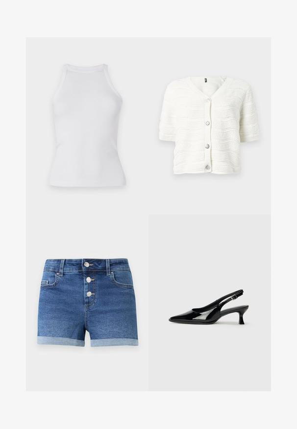 Cárdigan de punto blanco de manga corta con escote en V, patrón de ondas texturizadas, bordes acanalados y cuatro botones decorativos plateados en forma de flor.; Camiseta sin mangas de canalé blanca con un diseño ajustado y escote redondo. Fabricada con una tela elástica para mayor comodidad y facilidad de movimiento.; Pantalones cortos de mezclilla azul con tres botones metálicos, bajos doblados, presillas para cinturón y bolsillos delanteros sobre un fondo blanco liso.; Zapatos de charol negro tipo slingback con punta afilada y tacón bajo. Correa ajustable con hebilla en el tobillo.