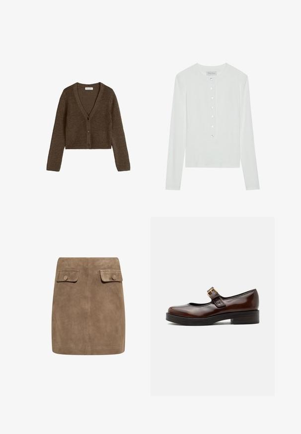 Cardigan court en maille marron avec manches longues et trois boutons à l'avant, doté d'un col en V et d'une étiquette Marc O'Polo à l'intérieur du col.; Haut à manches longues blanc en tissu côtelé, avec un col rond et un devant boutonné comportant six boutons transparents.; Mini jupe en daim marron avec une texture lisse, dotée de deux poches à rabat à l'avant et de fermetures à bouton de chaque côté. Design simple et droit.; Chaussure Mary Jane marron foncé avec finition brillante, bout arrondi, petit talon bloc et bride avec boucle dorée sur le cou-de-pied.
