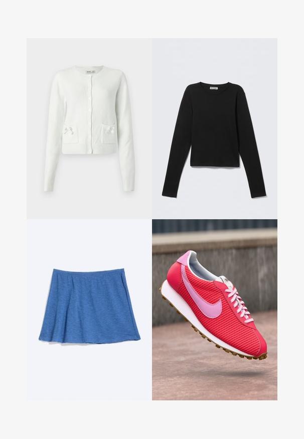 Hvid, strikket cardigan med lange ærmer, rund halsudskæring, knaplukning og to lommer pyntet med små sløjfer. Blødt, tekstureret materiale.; Sort langærmet rundhalset skjorte med et "Weekday" mærke ved halskanten, vist på en ensfarvet lys grå baggrund.; Blå strikket mininederdel med blød tekstur og let skørt, lagt fladt mod en lys baggrund.; Lys pink og rød strikket sneakers med lyserød logo og snørebånd, hvid sål og brun bund flyvende over en betonoverflade.