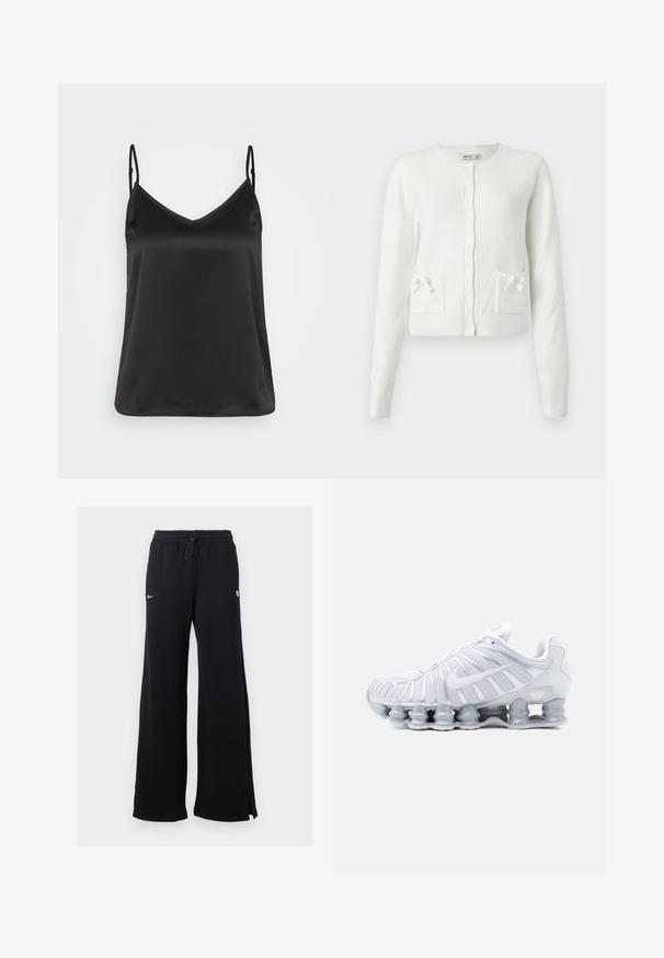 Hvid, strikket cardigan med lange ærmer, rund halsudskæring, knaplukning og to lommer pyntet med små sløjfer. Blødt, tekstureret materiale.; Sort satin camisole med V-hals, tynde justerbare stropper og en glat, blank overflade. Ingen mønstre eller yderligere dekorationer.; Sorte joggingbukser med bredt ben, elastisk talje, snøre og logodetalje. Stoffets tekstur virker blød og behagelig.; Hvid atletisk sneaker med mesh-overdel, lagdelte paneler, Nike swoosh og en karakteristisk fjedrende segmenteret sål for polstring og støtte.