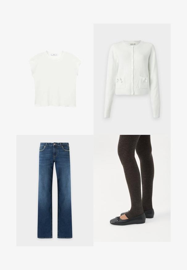 Witte, gebreide cardigan met lange mouwen, ronde hals, knoopsluiting en twee zakken versierd met kleine strikjes. Zacht, gestructureerd materiaal.; Witte t-shirt met korte mouwen, een ronde hals, een zachte textuur en een ontspannen pasvorm. De iets afgeronde zoom voegt een casual accent toe.; Donkerblauwe rechte jeans met vijf zakken, metalen knoopsluiting en kleine zilverkleurige studs langs de randen van de voorzakken.; Benen met donkere geribbelde leggings gecombineerd met zwarte ballerina's met kleine strikdetails op een witte achtergrond.