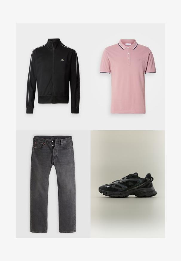 Chaqueta de chándal negra con cremallera, fabricada en tejido suave, que presenta franjas laterales blancas y un pequeño logo verde en el pecho. Diseño de alto collar.; Camisa polo rosa con una tapeta de dos botones, cuello acanalado con rayas en marino y blanco, y un sutil logo bordado en el pecho.; Vaqueros de mezclilla negra descolorida con diseño de pierna recta, bragueta con botones y remaches de cobre. Cuenta con cinco bolsillos y patrones de desgaste sutiles.; Zapatilla deportiva negra con paneles de malla, suela texturizada, cordones y una silueta curvada con acentos plateados en los laterales.