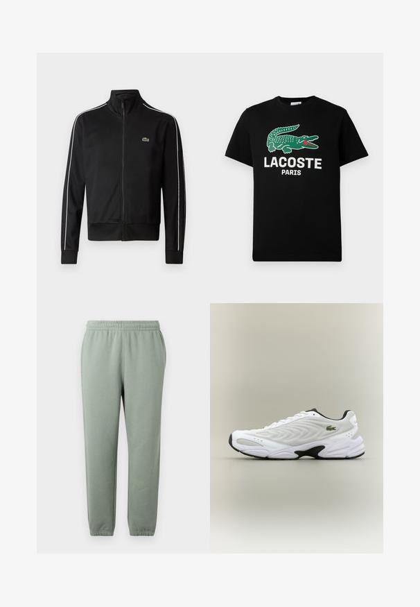 Zwarte zip-up sportjas van gladde stof, met witte zijstrepen en een klein groen logo op de borst. Hoge kraagontwerp.; Zwarte katoenen t-shirt met een groen krokodillenlogo en de tekst "LACOSTE PARIS" in het wit. Korte mouwen en een klassieke ronde hals.; Lichtgroene sweatpants met een elastische tailleband, taps toelopende pijpen en opgerolde enkelboorden. Gemaakt van zachte, lichte stof.; Witte sportieve schoen met een textuur van gaas bovenwerk, gebogen ontwerp en contrasterende zwarte zool. Heeft een groen geborduurd logo aan de zijkant.