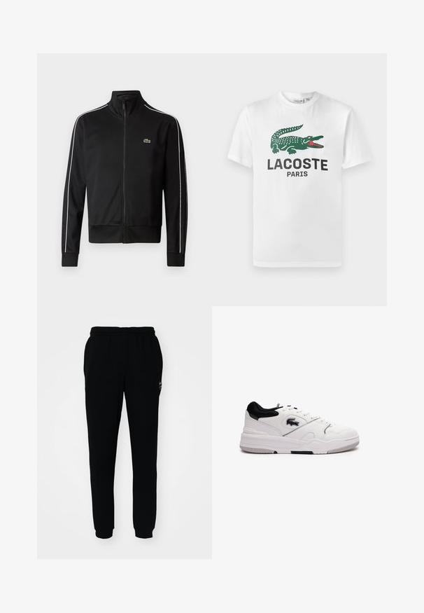 Zwarte zip-up sportjas van gladde stof, met witte zijstrepen en een klein groen logo op de borst. Hoge kraagontwerp.; Lacoste T-shirt print - white; Zwarte trainingsbroek met een elastische tailleband en boorden. Gemaakt van zachte stof, met een klein logo aan de linkerbovenkant.; Witte sneaker met zwarte accenten, synthetisch materiaal, ronde neus, vetersluiting, gestructureerde bovenkant en rubberen zool met grippatroon.