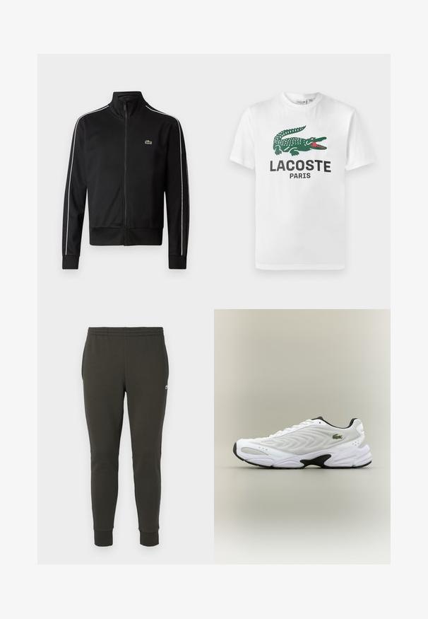 Sort lynlås trackjakke lavet af glat stof, med hvide sidelommer og et lille grønt logo på brystet. Høj krave-design.; Lacoste T-shirts print - white; Mørkegrønne joggers lavet af blødt stof, med elastisk talje, ribbede manchetter og et lille logo på siden.; Hvide atletiske sko med tekstureret mesh-overdel, buet design og kontrasterende sort ydersål. Har en grøn broderet logo på siden.