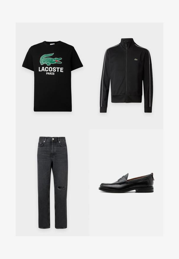 Zwarte zip-up sportjas van gladde stof, met witte zijstrepen en een klein groen logo op de borst. Hoge kraagontwerp.; Zwarte katoenen t-shirt met een groen krokodillenlogo en de tekst "LACOSTE PARIS" in het wit. Korte mouwen en een klassieke ronde hals.; Zwarte denim jeans met een rechte pijp, voorzien van een gescheurde knie, vijf zakken en metalen hardware bij de taille en zakken.; Zwarte leren herensloffen met moc toe stiksel, pennyriem, gestructureerde kraag en lage gestapelde hak op witte achtergrond.