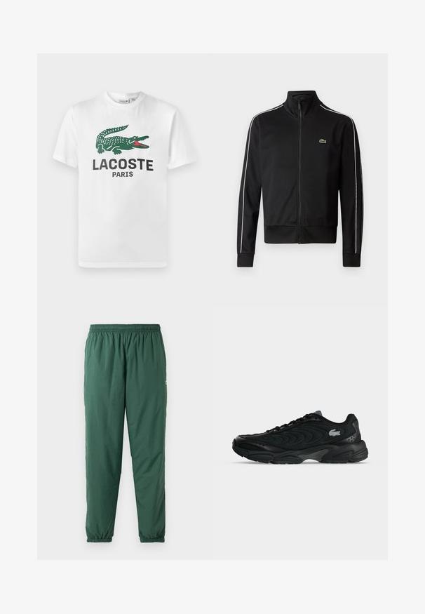 Sort lynlås trackjakke lavet af glat stof, med hvide sidelommer og et lille grønt logo på brystet. Høj krave-design.; Lacoste T-shirts print - white; Grønne, lette, elastiske bukser med en rynket talje og manchetter, lavet af et glat, vandafvisende materiale.; Sort atletiksneaker med buede syningsmønstre og et lille krokodillelogo på siden, vist fra ydersiden på en ensfarvet baggrund.