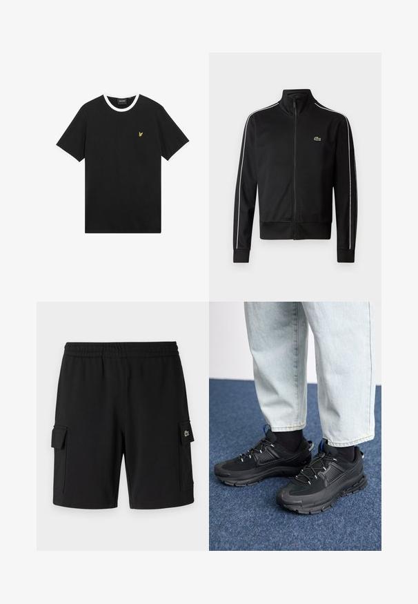 Sort lynlås trackjakke lavet af glat stof, med hvide sidelommer og et lille grønt logo på brystet. Høj krave-design.; Sort T-shirt med hvid krave og ærmekanter, lavet af bomuld. Har en lille gul broderet ørnelogo på brystet.; Sorte shorts lavet af blødt stof, med en elastisk talje, to sidelommer og et lille logo-patch på en af lommerne.; Sorte træningssko med tekstureret stof og gummisåler, udstyret med elastiske snørebånd og en blå detalje på hælen. Bæres med lyse denimbukser.