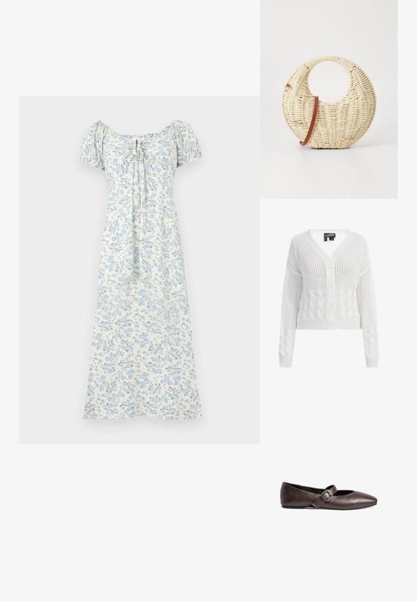 Hvid strikket cardigan med V-hals, der har et netmønster og kabelstrik-detaljer. Fire knapper foran, cropped længde.; Hvid midi-kjole med lyseblåt blomsterprint, korte pufærmer, rynket halsudskæring og bindedetalje foran.; Brune læder flade sko med rund tå og en justerbar spænde rem over midtfoden. Glat tekstur og minimalistisk design.; Rund flettet taske i naturligt strå med en tekstureret overflade. Har en glat brun læderrem og et cirkulært håndtag.