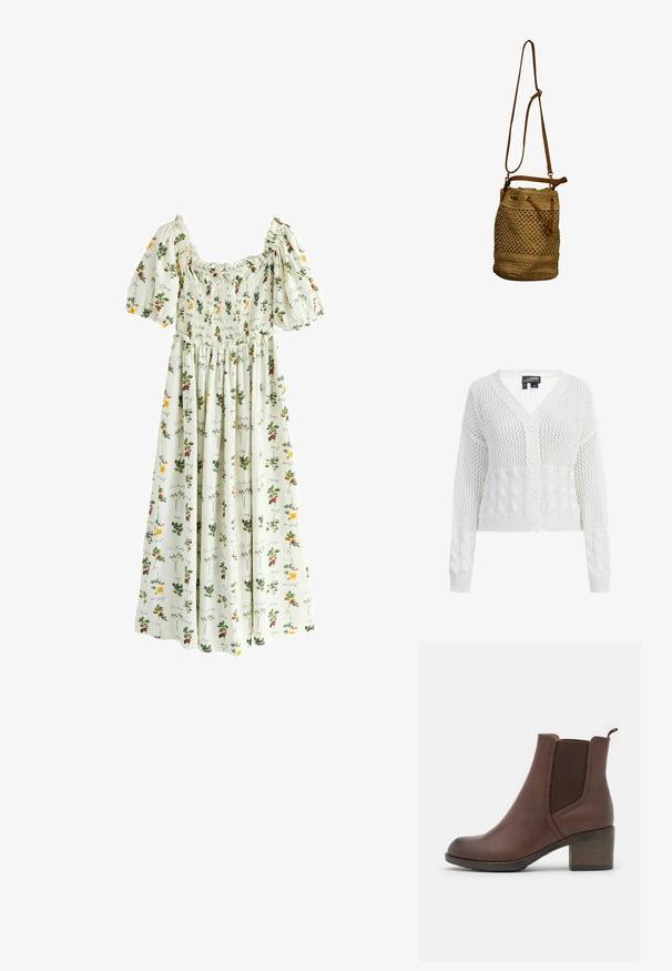 Witte gebreide cardigan met een V-hals, voorzien van een maaspatroon en kabelbreiaccenten. Vier knopen aan de voorkant, korte lengte.; Witte maxi-jurk met pofmouwen, een gerimpeld lijfje en meerkleurige bloemen- en fruitpatronen met cursieve tekst.; Bruine leren enkellaars met een gladde afwerking, elastische zijpanelen, een ronde neus en een gematigde houten hak.; Bruine geweven bucket bag met verstelbare leren schouderband en trekkoordsluiting.