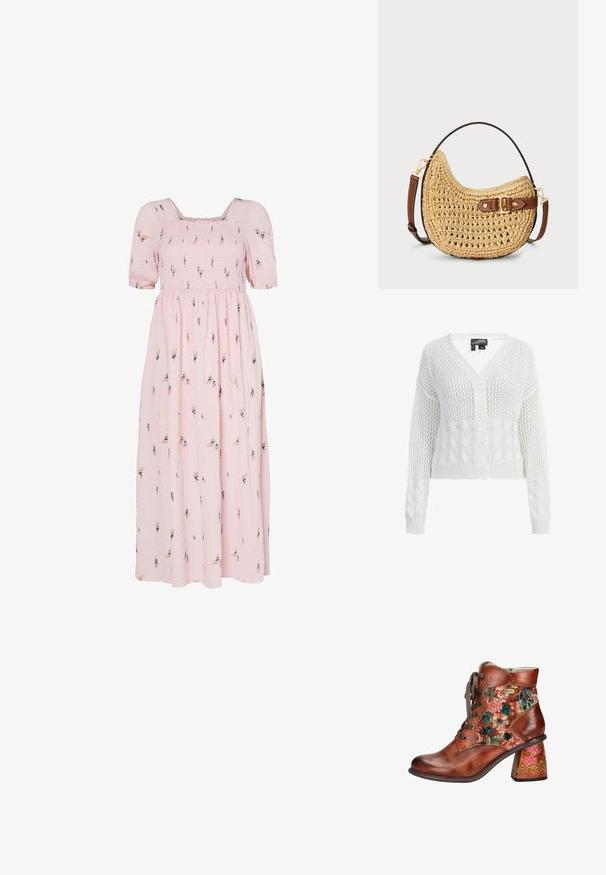 Hvid strikket cardigan med V-hals, der har et netmønster og kabelstrik-detaljer. Fire knapper foran, cropped længde.; Lyserød bomulds maxi-kjole med korte puffærmer, smocked liv, blomsterbroderimønster og en flydende nederdel.; Brune læder ankelstøvle med blomster-mønstret stof, rund tå, snørelukning foran og dekorativmalet hæl.; Vævet halmmulesæk med en buet form, brunt læderstrop med spænde og en naturlig tan farve. Tekstureret overflade med synlige sting.