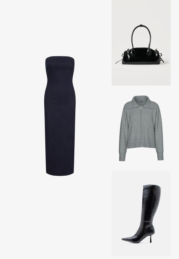 Blød grå cardigan med lynlås, bred ribstrikket krave, kant og manchetter, med lange ærmer og en afslappet pasform.; Stropeløs, tætsiddende maxi-kjole i mørk denim, med en lige silhuet og en glat tekstur uden synlige lukninger eller dekorationer.; Sorte knæhøje stiletto støvler med en skinnende læderoverflade, spids tå og slank, konisk hæl, der har en glat overflade og et strømlinet design.; Lille sort blank håndtaske med to lange håndtag og snøre-detaljer i siden på en ensfarvet lys baggrund.