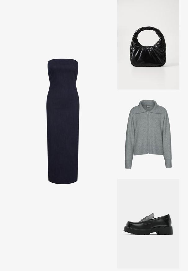Zachte grijze cardigan met ritssluiting, ribgebreide brede kraag, zoom en manchetten, met lange mouwen en een losse pasvorm.; Strapless, nauwsluitende maxidress van donkerdenim, met een rechte silhouet en een zachte textuur zonder zichtbare sluitingen of versieringen.; Zwarte leren instappers met een chunky, gestructureerde zool, voorzien van een band over de voet en een gladde, gepolijste afwerking.; Zwarte gevoerde handtas met een ronde handgreep, met een gladde, glanzende oppervlakte en een zachte, gewatteerde textuur. Geen zichtbare metalen onderdelen of accenten.