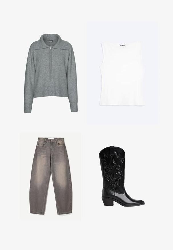 Blød grå cardigan med lynlås, bred ribstrikket krave, kant og manchetter, med lange ærmer og en afslappet pasform.; Hvid tætsiddende ærmeløs tanktop med rund halsudskæring og minimalistisk design, mærket "WEEKDAY" indeni kraven.; Bredde ben grå jeans lavet af denim, med subtil falmning, fem-lomme design, bæltestropper og en knaplukning i taljen.; Sort læder cowboystøvle med stikninger af dekorative mønstre, spids tå, mellemhøj skrå hæl og trækstrop på toppen af skaftet.