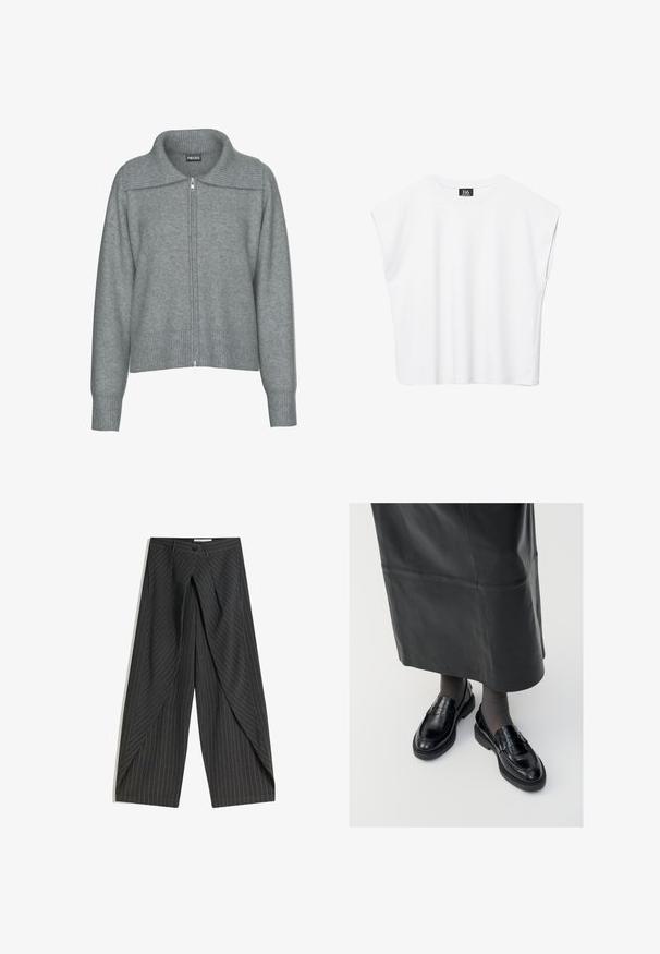 Cardigan gris doux à fermeture éclair avec col large côtelé, ourlet et poignets, doté de manches longues et d'une coupe décontractée.; Haut court blanc sans manches à encolure ronde avec épaules larges et étiquette noire "B6" à l'intérieur du col.; Pantalons larges gris foncé avec des rayures blanches, présentant un design avant asymétrique, une fermeture à bouton et une texture structurée.; Mocassins en cuir noir avec une finition lisse, ornés d'une bande décorative, à bout rond et avec une semelle texturée. Portés avec une longue jupe en cuir noir.