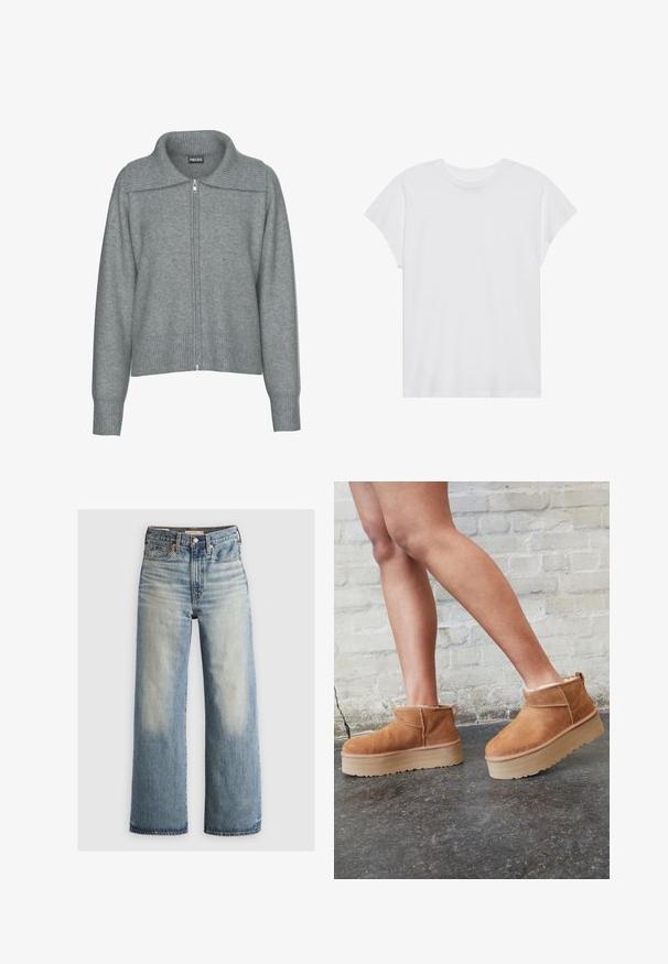 Sanfter grauer Reißverschluss-Cardigan mit breitem, geripptem Kragen, Saum und Bündchen, mit langen Ärmeln und lässiger Passform.; Weißes kurzärmliges T-Shirt mit Rundhalsausschnitt, lockerer Passform, aus weichem Baumwollstoff. Glatte Textur, keine Muster oder Logos.; Blaue Denim-Jeans mit weitem Bein, leichter Waschung, hoher Taille, fünf Taschen-Design und Messingbeschlägen. Ausgewaschene Akzente an der Vorder- und Rückseite.; Braune Wildleder-Stiefeletten mit einem weichen Futter, dicker beige Plateau-Sohle und einer Zuglasche auf der Rückseite. Strukturiert Oberfläche mit sichtbaren Nähdetails.